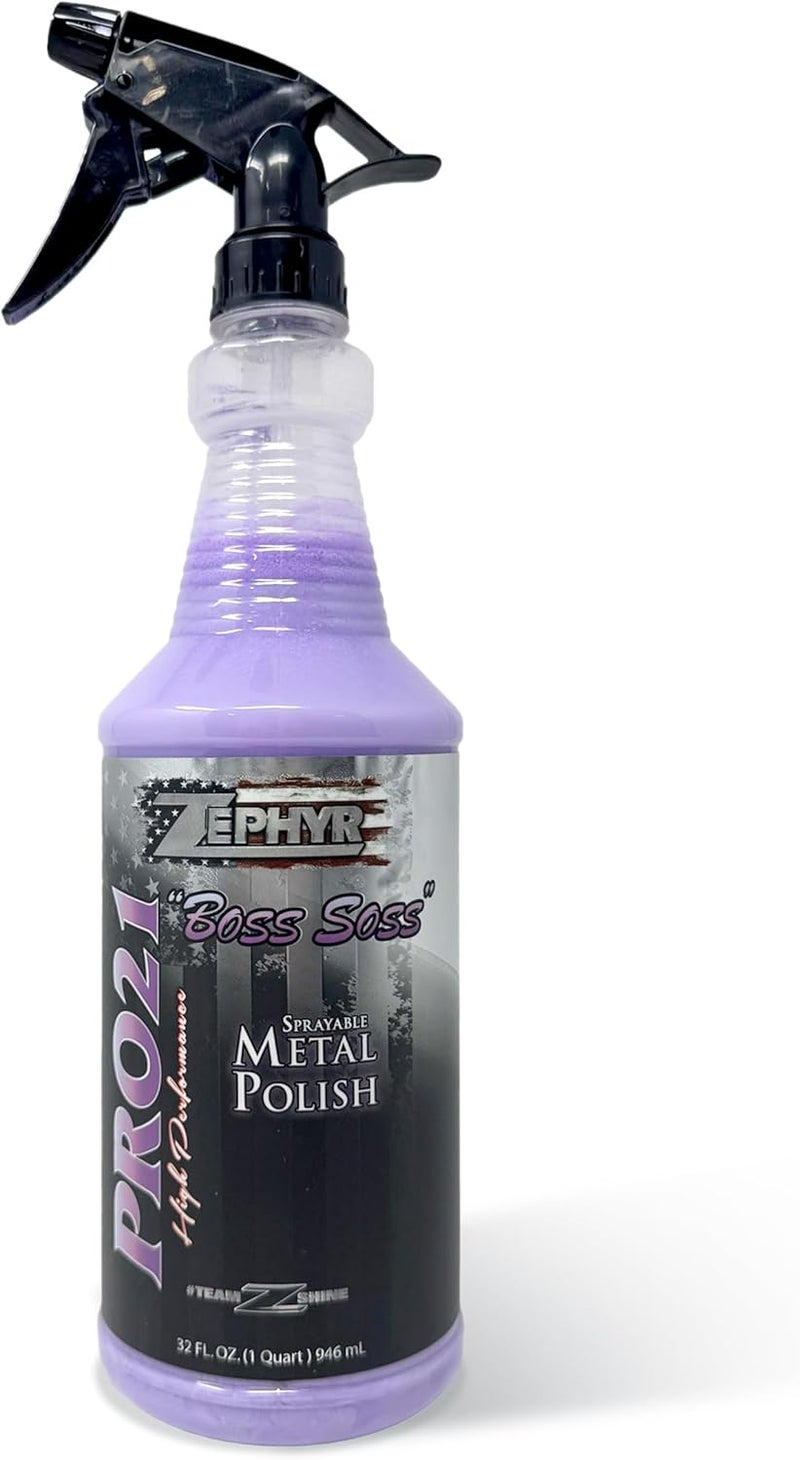 ZEPHYR - Pro 21 Boss Soss Sprayable Metal Polish - Stainless Steel, Chrome, & Aluminum Polish - Sprayable Metal Polishing for Copper, Silver, Bronze, & More - 32 oz. - Image 1